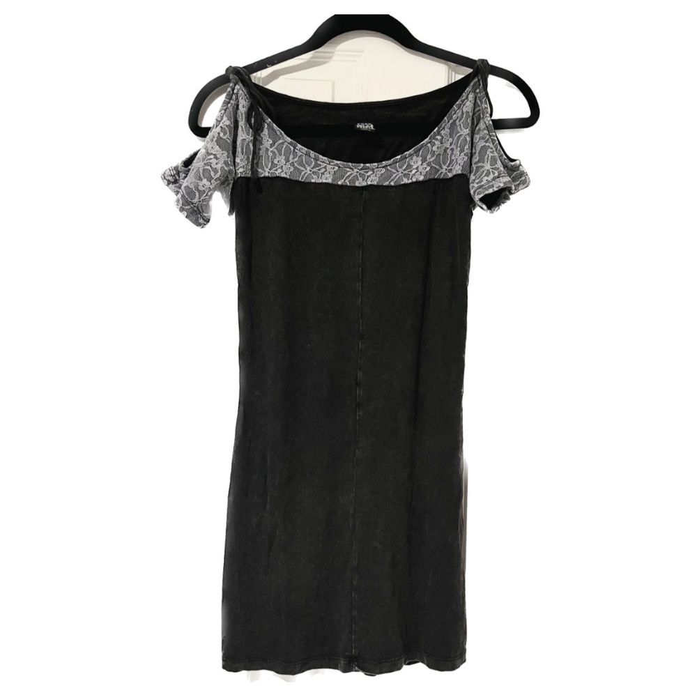 Free People Cold Shoulder Bodycon Mini Dress Sz:S Dark Grey with Grey/Lilac Lace